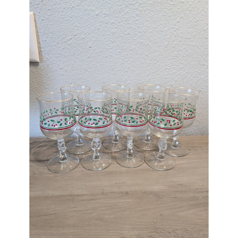 Vintage Arby's Libbey Christmas Holly Gold Rim Goblets Set 8 Mixed Stems
